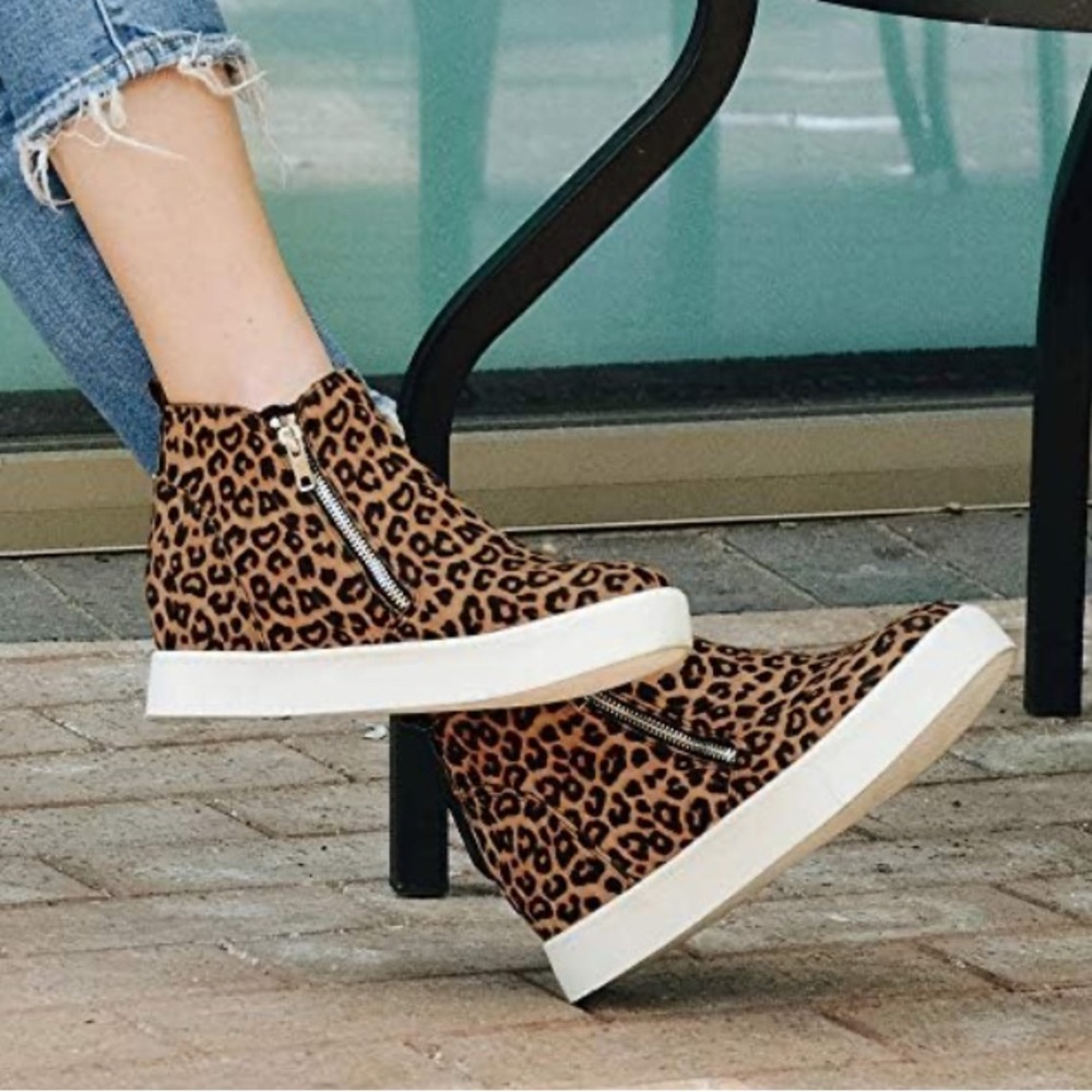 Athlefit Women's Cheetah Wedge Sneakers Hidden Heel Platform Wedge Booties